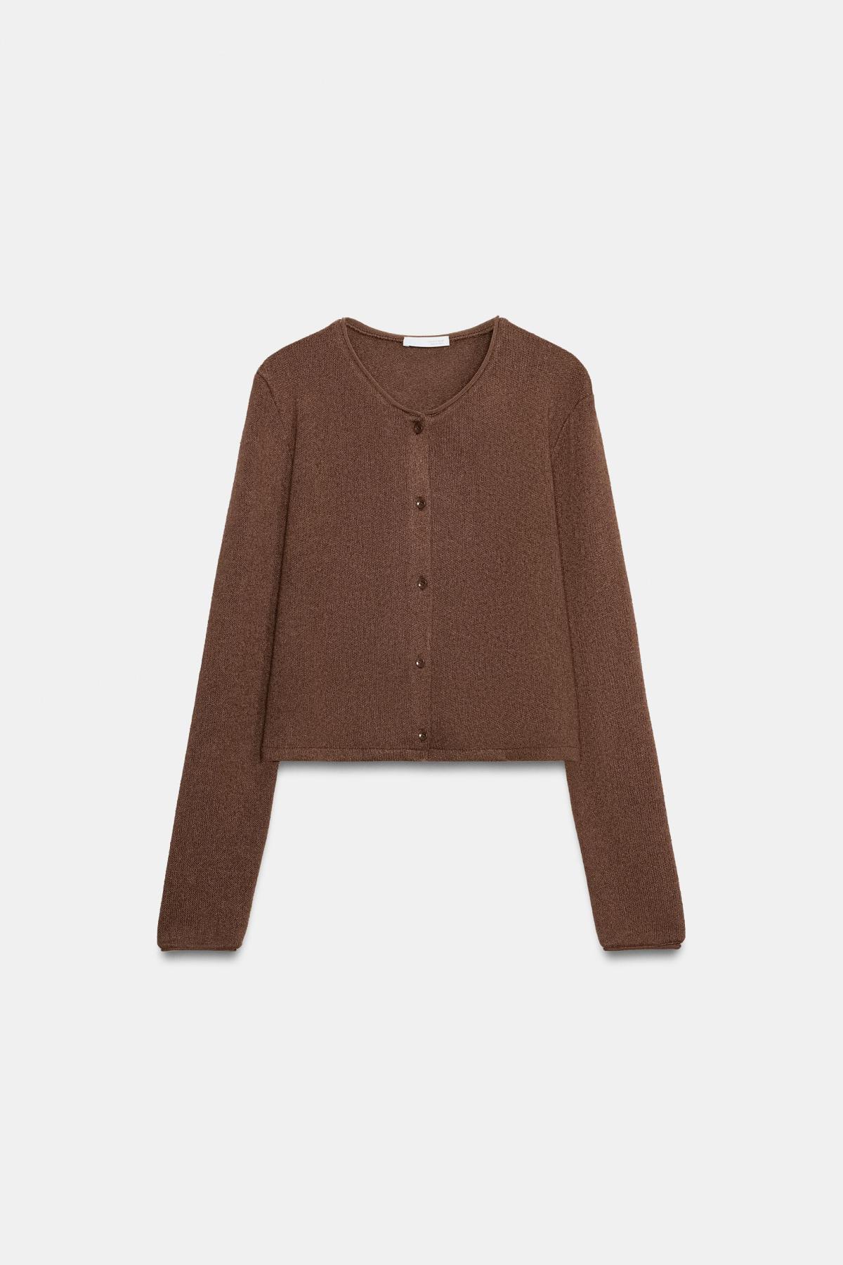 스페인샵 자라 크롭 라운드넥 브라운 버튼업 니트 재킷 5039/017/700 BROWN